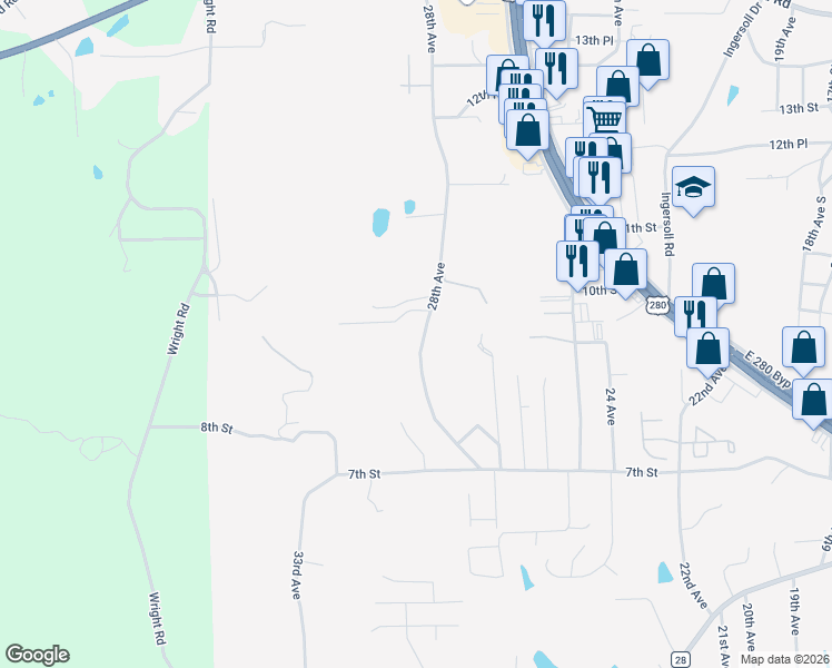 map of restaurants, bars, coffee shops, grocery stores, and more near 500-598 28th Avenue in Phenix City