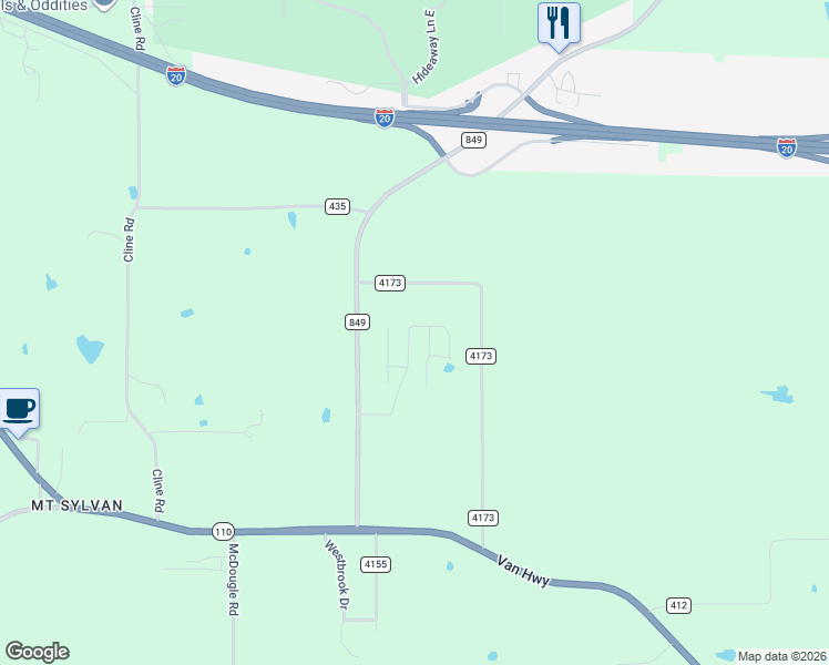 map of restaurants, bars, coffee shops, grocery stores, and more near 301 Kingdom Boulevard in Lindale