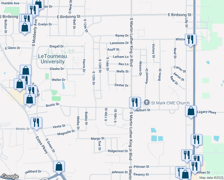 map of restaurants, bars, coffee shops, grocery stores, and more near 2404 South 14th Street in Longview