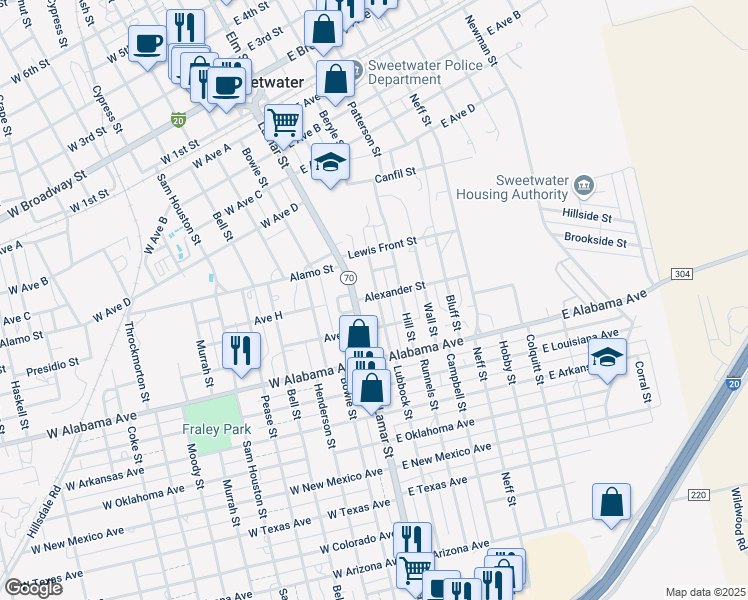 map of restaurants, bars, coffee shops, grocery stores, and more near 702 Lubbock Street in Sweetwater