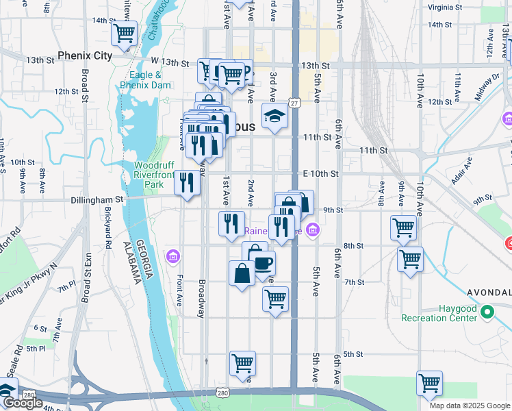 map of restaurants, bars, coffee shops, grocery stores, and more near 201 9th Street in Columbus
