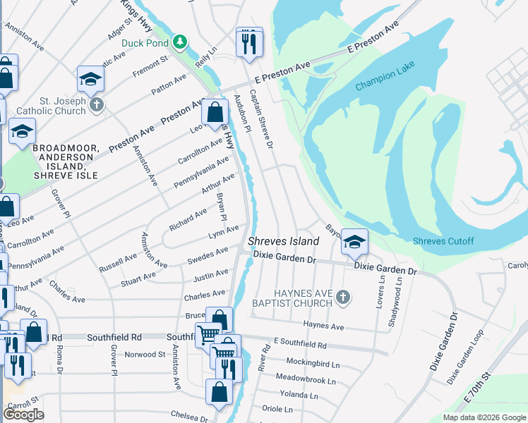 map of restaurants, bars, coffee shops, grocery stores, and more near 1800 Audubon Place in Shreveport