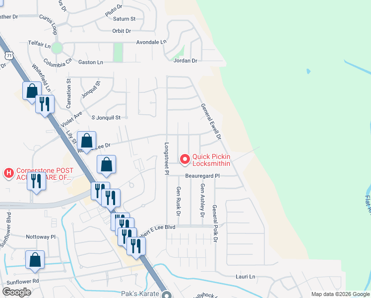 map of restaurants, bars, coffee shops, grocery stores, and more near 4810 General Scott Place in Bossier City