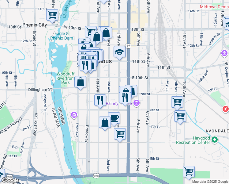 map of restaurants, bars, coffee shops, grocery stores, and more near 215 9th Street in Columbus