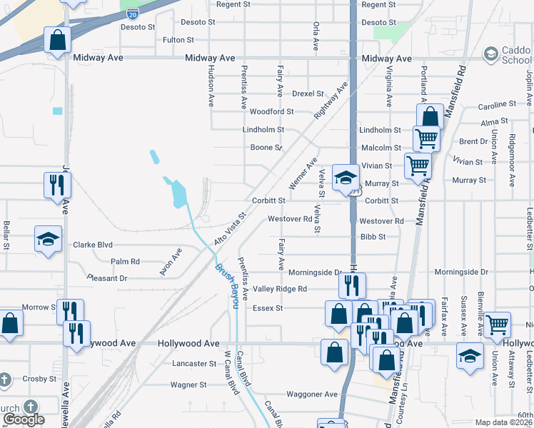 map of restaurants, bars, coffee shops, grocery stores, and more near 2902 Westover Road in Shreveport