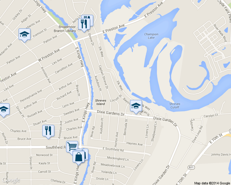 map of restaurants, bars, coffee shops, grocery stores, and more near 1810 Bayou Dr in Shreveport