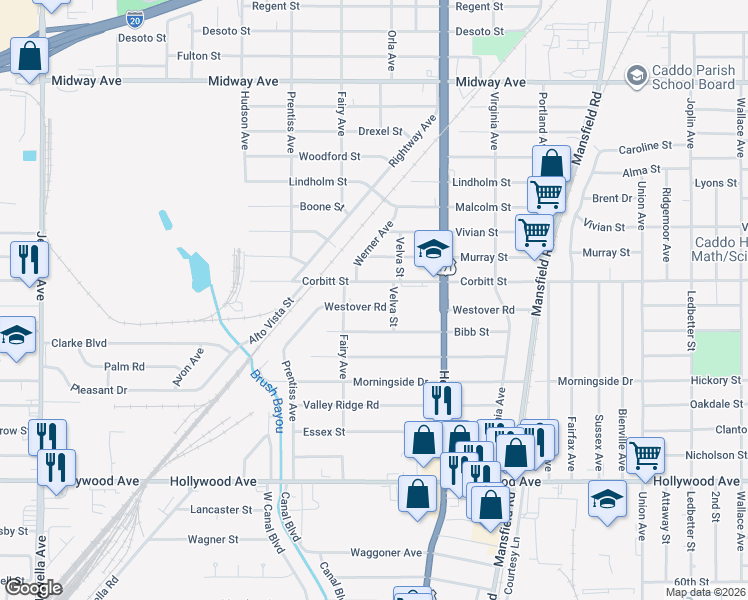 map of restaurants, bars, coffee shops, grocery stores, and more near 2820 Westover Road in Shreveport