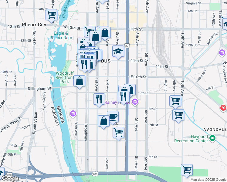 map of restaurants, bars, coffee shops, grocery stores, and more near 215 9th Street in Columbus