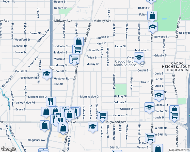 map of restaurants, bars, coffee shops, grocery stores, and more near 5122 Bienville Avenue in Shreveport
