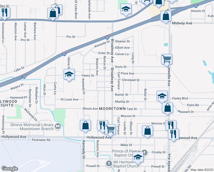 map of restaurants, bars, coffee shops, grocery stores, and more near 5222 Norton Street in Shreveport