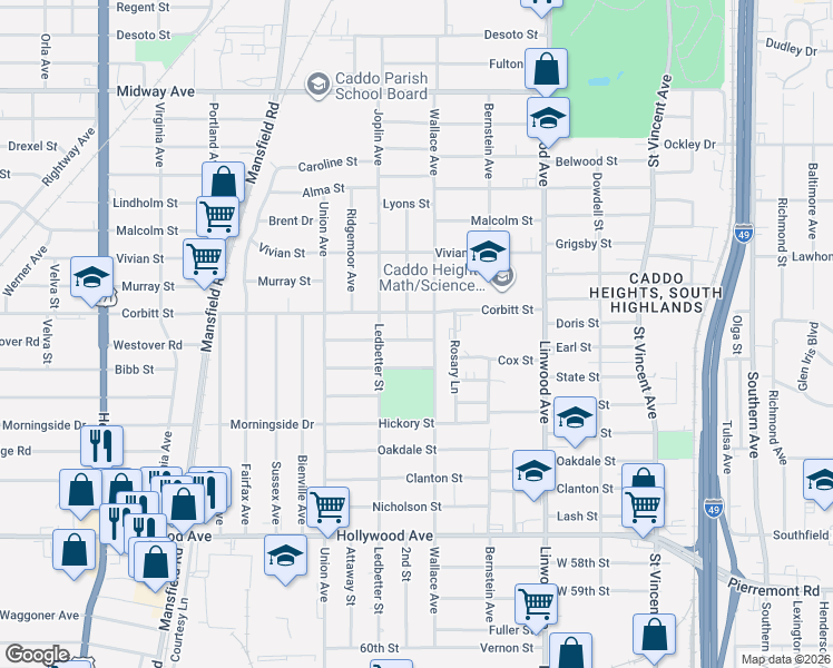 map of restaurants, bars, coffee shops, grocery stores, and more near 1816 Doris Street in Shreveport