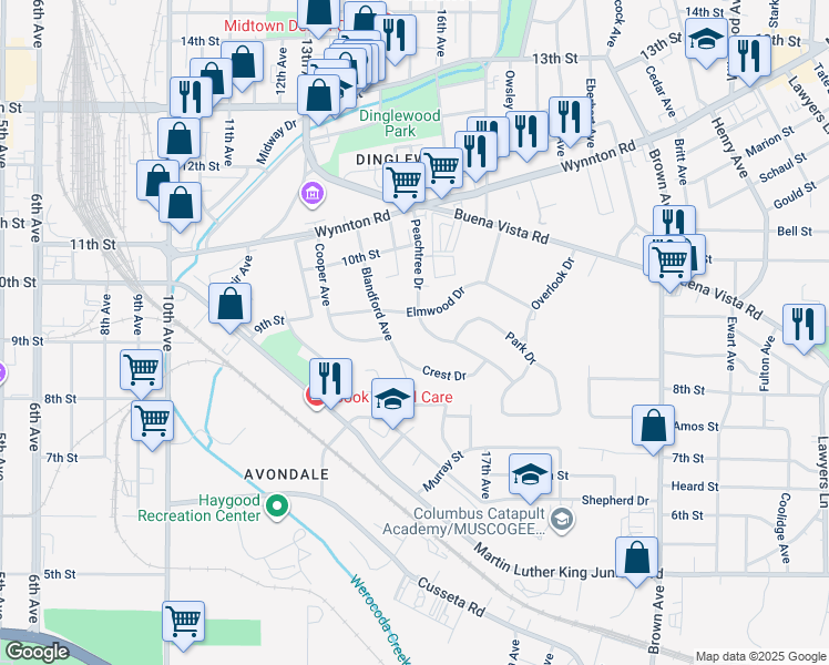 map of restaurants, bars, coffee shops, grocery stores, and more near 889 Peachtree Drive in Columbus