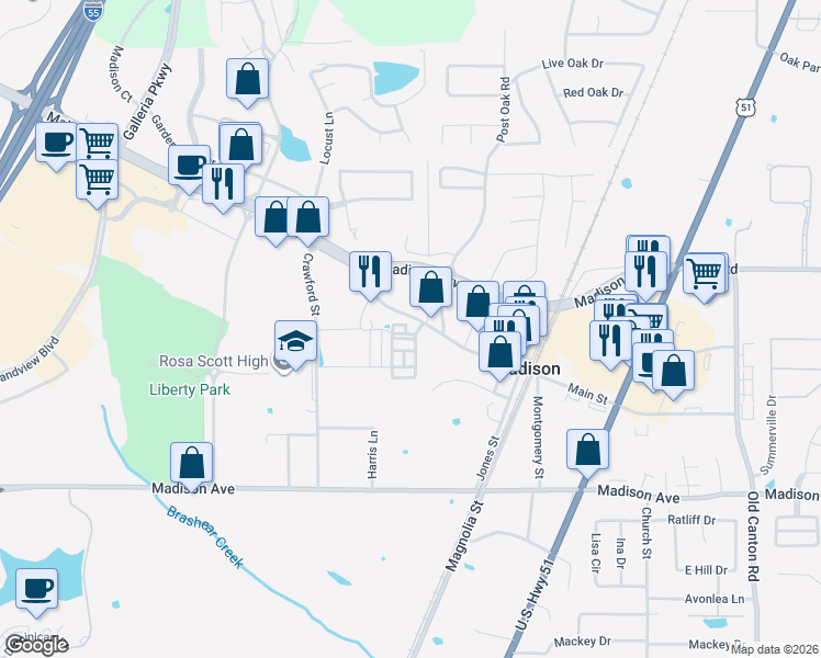 map of restaurants, bars, coffee shops, grocery stores, and more near 2033 Main Street in Madison