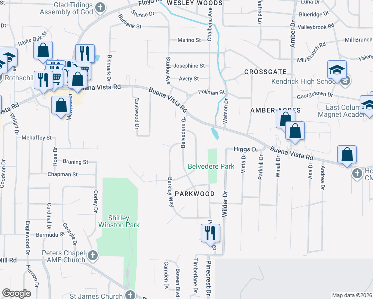 map of restaurants, bars, coffee shops, grocery stores, and more near 854 Belvedere Dr in Columbus