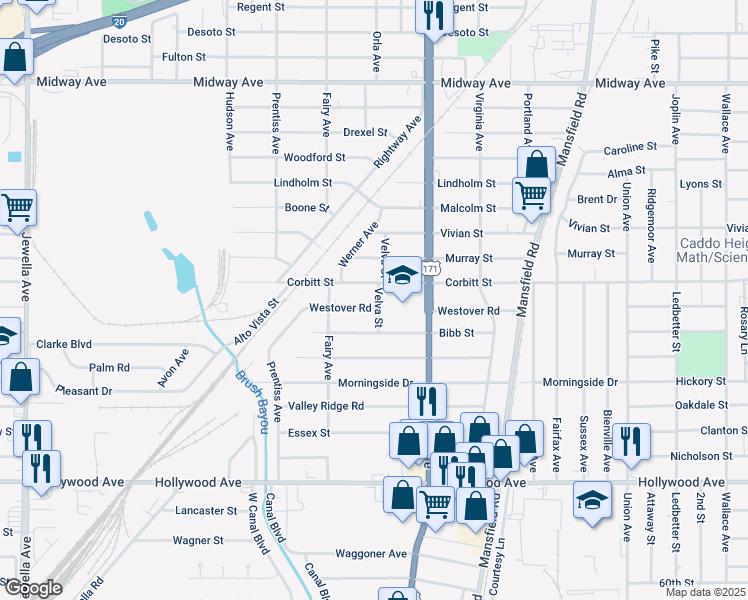 map of restaurants, bars, coffee shops, grocery stores, and more near 2820 Westover Road in Shreveport