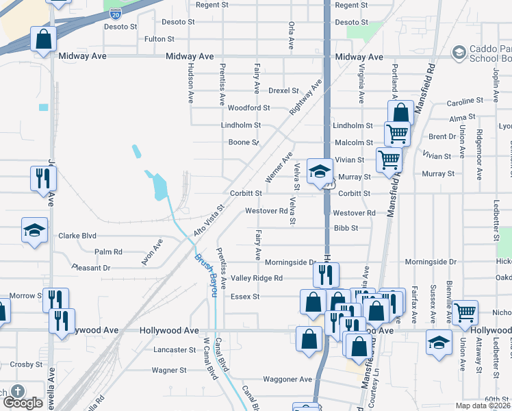 map of restaurants, bars, coffee shops, grocery stores, and more near 2902 Westover Road in Shreveport