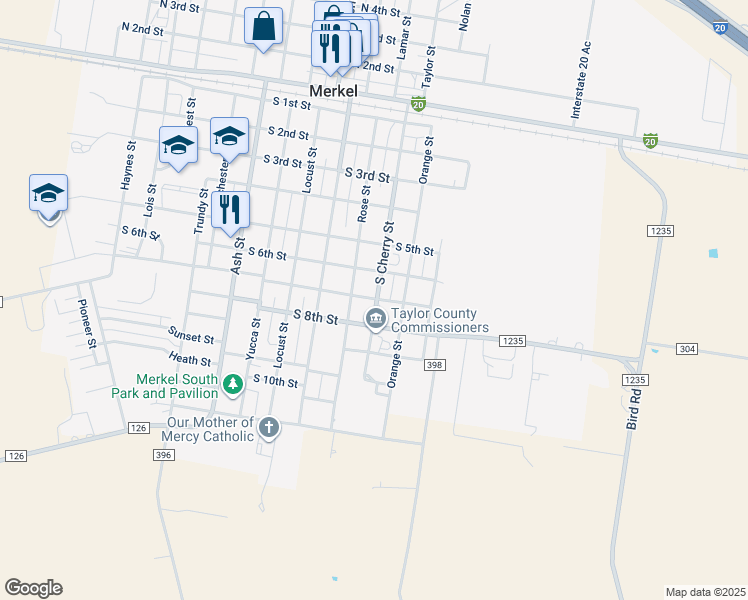 map of restaurants, bars, coffee shops, grocery stores, and more near 702 South Cherry Street in Merkel