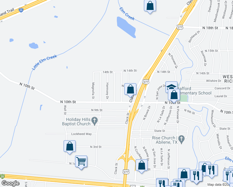 map of restaurants, bars, coffee shops, grocery stores, and more near 1101 North Alameda Road in Abilene