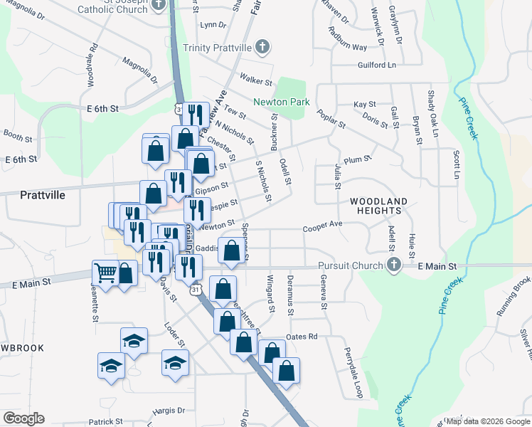 map of restaurants, bars, coffee shops, grocery stores, and more near 1038 Newton Street in Prattville