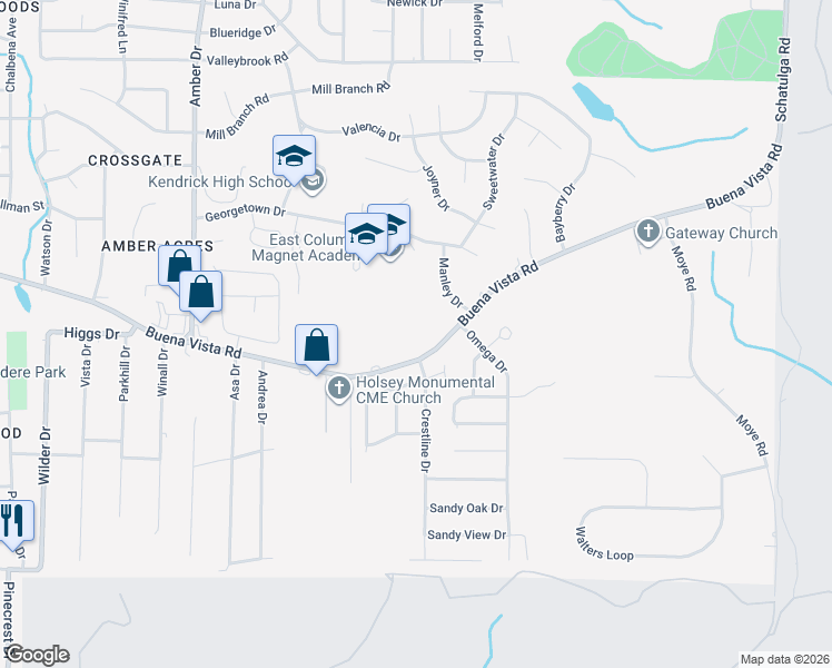 map of restaurants, bars, coffee shops, grocery stores, and more near 6227 Buena Vista Road in Columbus