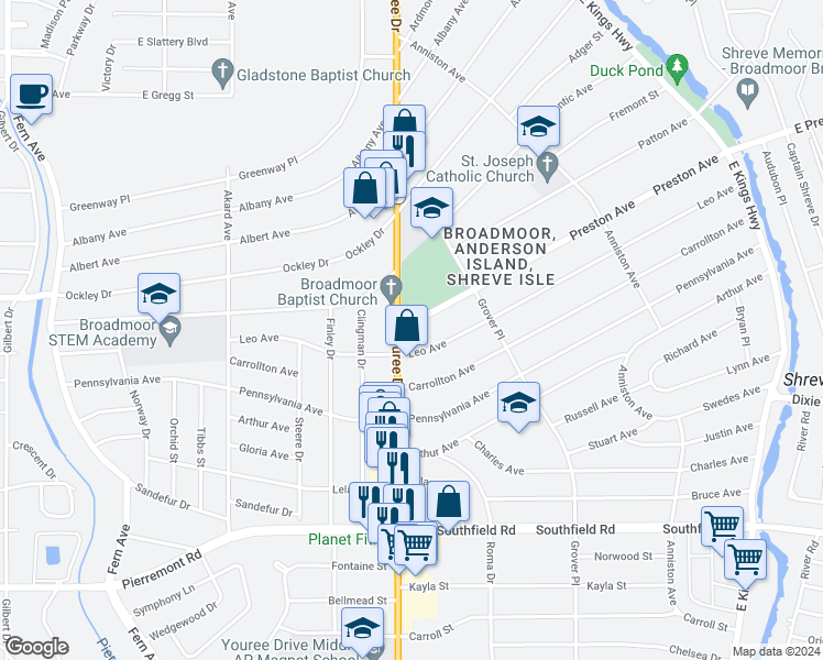 map of restaurants, bars, coffee shops, grocery stores, and more near 273 Preston Avenue in Shreveport