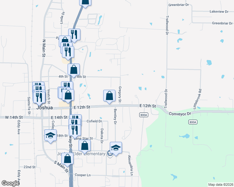 map of restaurants, bars, coffee shops, grocery stores, and more near 109 Gregory Street in Joshua