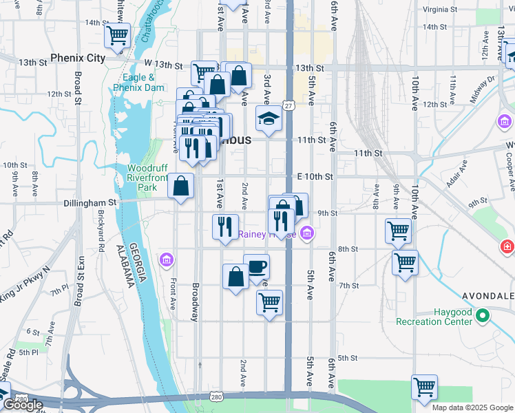 map of restaurants, bars, coffee shops, grocery stores, and more near 215 9th Street in Columbus