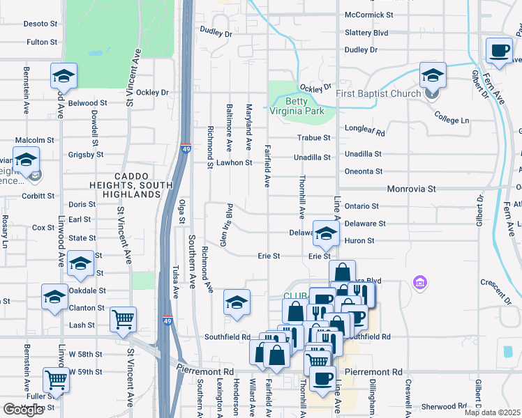 map of restaurants, bars, coffee shops, grocery stores, and more near 1022 Ontario Street in Shreveport