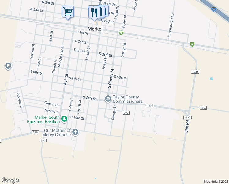 map of restaurants, bars, coffee shops, grocery stores, and more near 701 Orange Street in Merkel