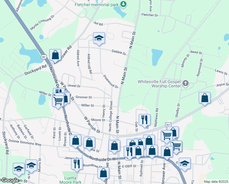 map of restaurants, bars, coffee shops, grocery stores, and more near 374 North College Street in Statesboro