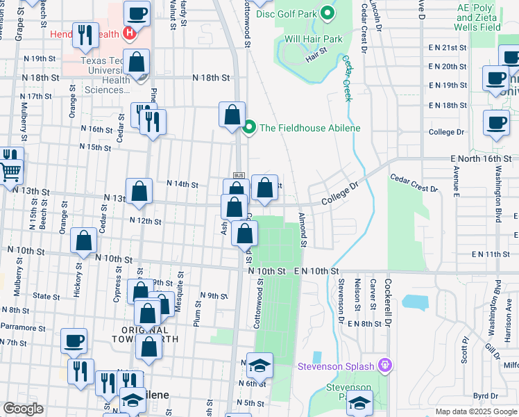 map of restaurants, bars, coffee shops, grocery stores, and more near 317 North 13th Street in Abilene