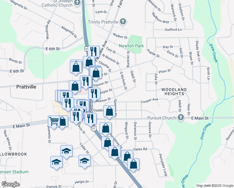 map of restaurants, bars, coffee shops, grocery stores, and more near 1038 Newton St in Prattville