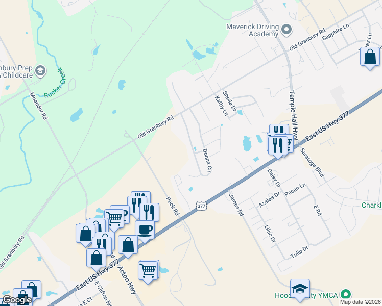 map of restaurants, bars, coffee shops, grocery stores, and more near 200 Donna Circle in Granbury