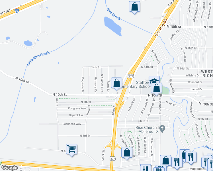 map of restaurants, bars, coffee shops, grocery stores, and more near 1110 Roma Lane in Abilene