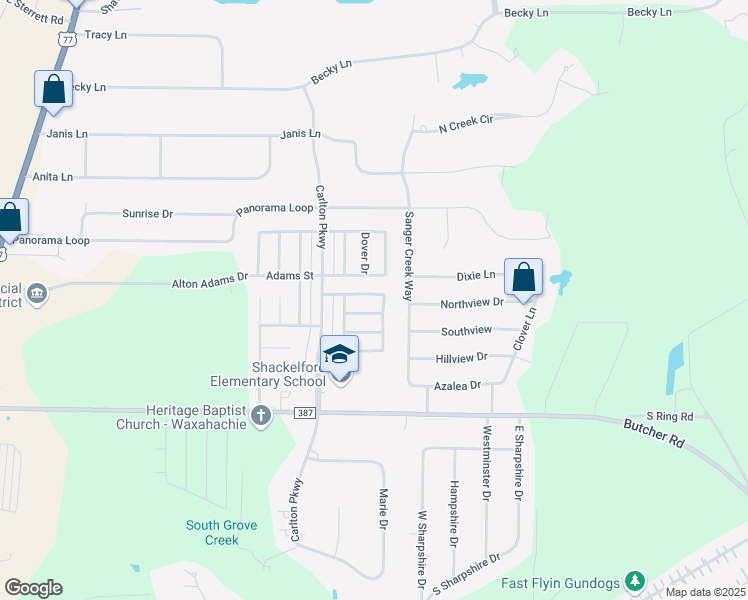 map of restaurants, bars, coffee shops, grocery stores, and more near 231 Chesterfield Circle in Waxahachie