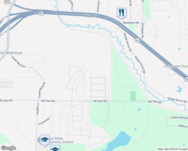 map of restaurants, bars, coffee shops, grocery stores, and more near 2613 Tall Meadows Drive in Midlothian