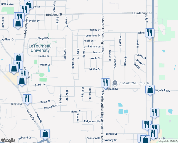 map of restaurants, bars, coffee shops, grocery stores, and more near 2404 South 14th Street in Longview