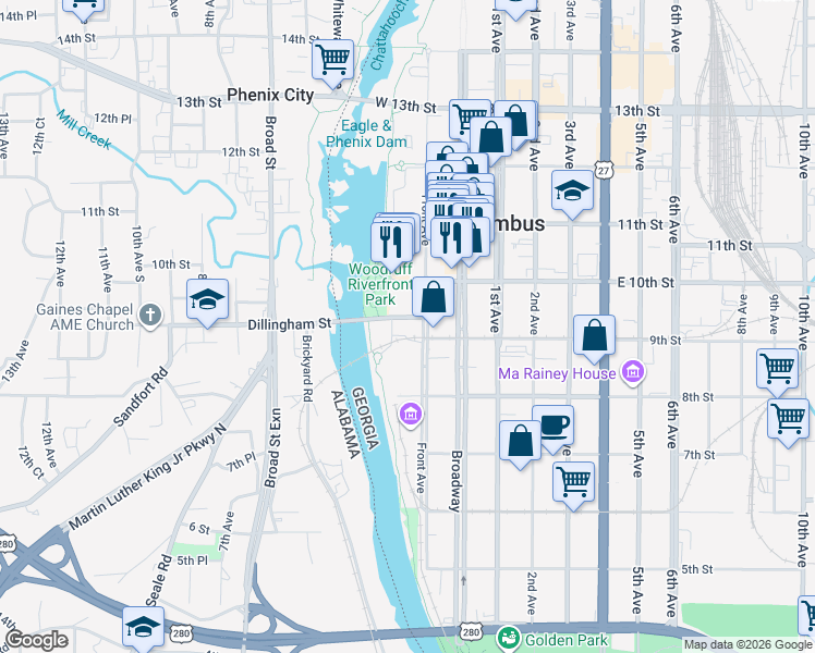 map of restaurants, bars, coffee shops, grocery stores, and more near 901 Front Avenue in Columbus