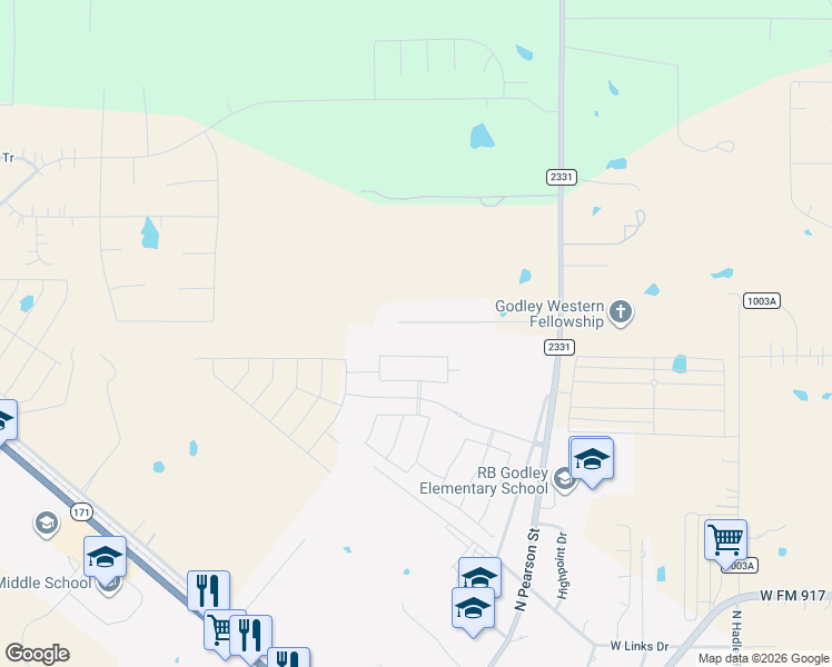 map of restaurants, bars, coffee shops, grocery stores, and more near 617 Glendale Drive in Godley