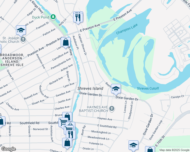 map of restaurants, bars, coffee shops, grocery stores, and more near 1810 Bayou Drive in Shreveport