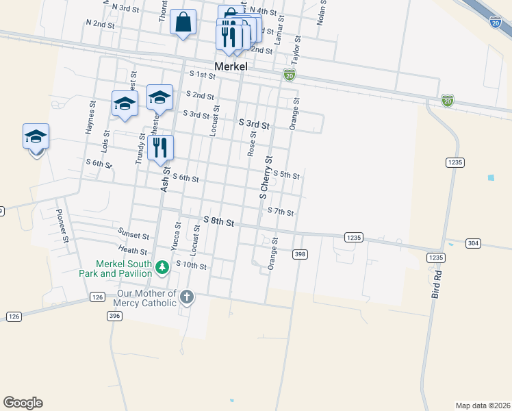 map of restaurants, bars, coffee shops, grocery stores, and more near 702 South Cherry Street in Merkel