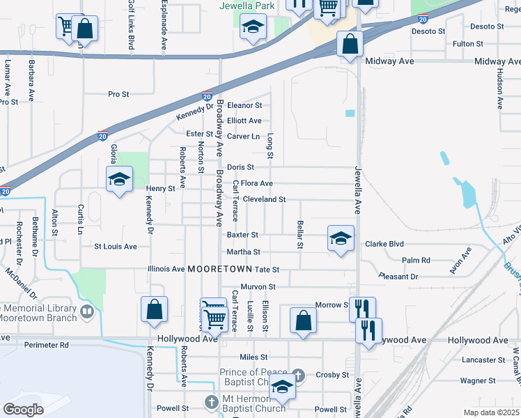 map of restaurants, bars, coffee shops, grocery stores, and more near 5114 Ellison Street in Shreveport