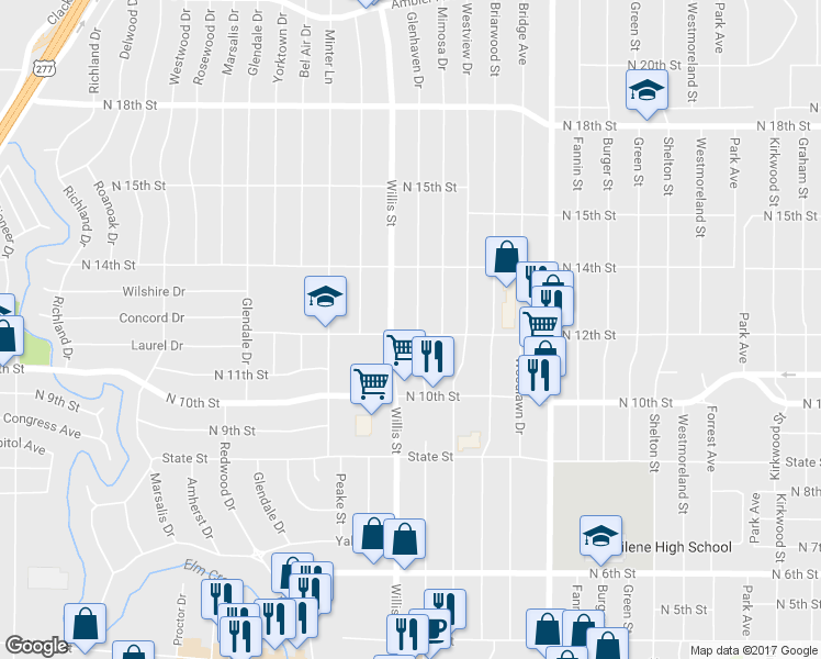 map of restaurants, bars, coffee shops, grocery stores, and more near 1200 Glenhaven Drive in Abilene