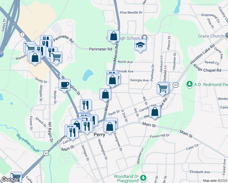map of restaurants, bars, coffee shops, grocery stores, and more near 1200 Macon Road in Perry