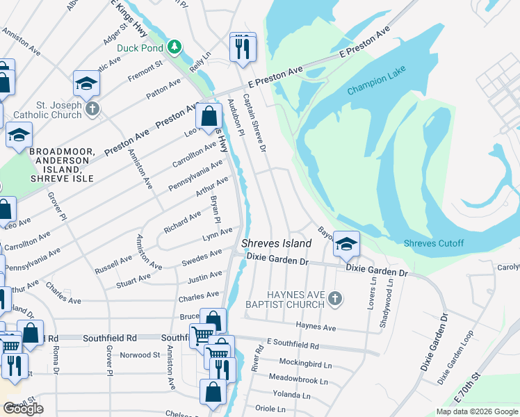 map of restaurants, bars, coffee shops, grocery stores, and more near 1800 Audubon Place in Shreveport