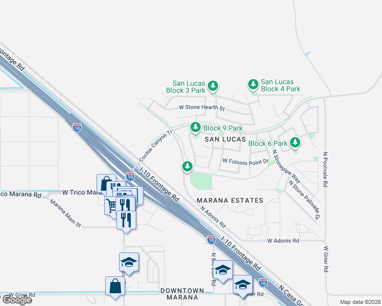 map of restaurants, bars, coffee shops, grocery stores, and more near 14139 North Chaco Journey Avenue in Marana