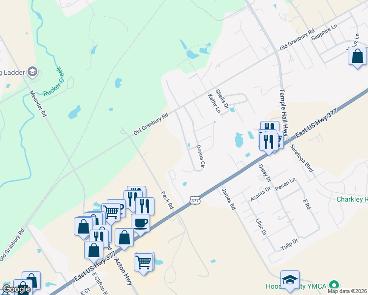 map of restaurants, bars, coffee shops, grocery stores, and more near 132 Donna Circle in Granbury