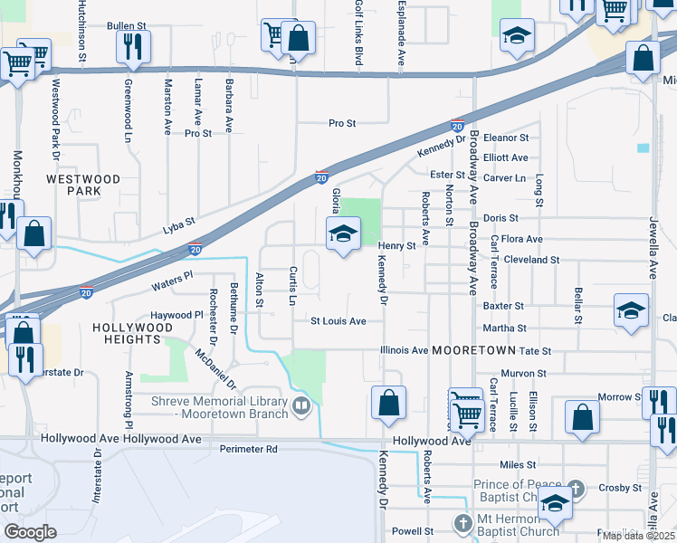 map of restaurants, bars, coffee shops, grocery stores, and more near 4331 Henry Street in Shreveport