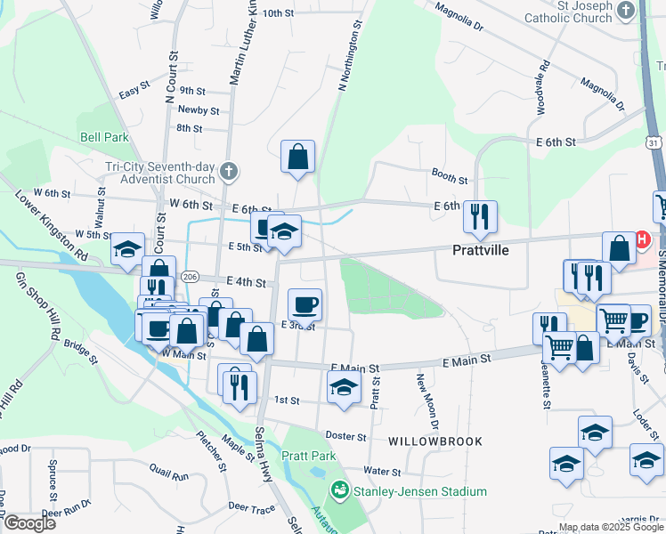 map of restaurants, bars, coffee shops, grocery stores, and more near 306 Wetumpka Street in Prattville