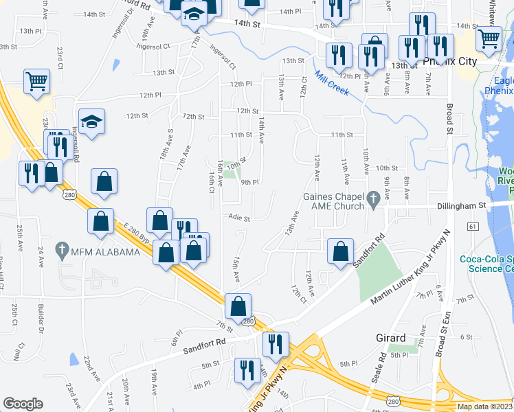 map of restaurants, bars, coffee shops, grocery stores, and more near 906 Dawkins Court in Phenix City
